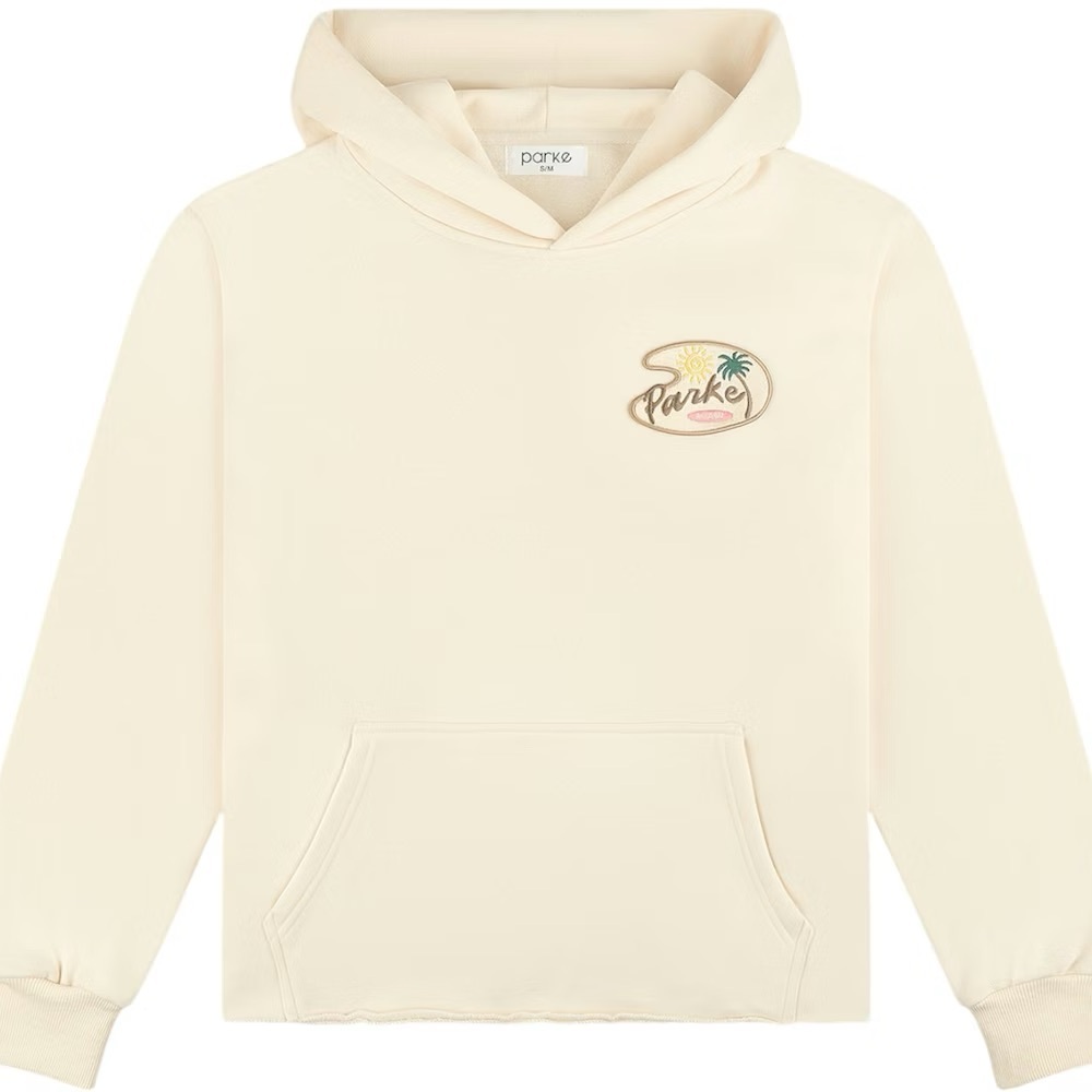 PARKE Bayside Miami Hoodie L/XL Cream Coastal Raw Hem Sweatshirt